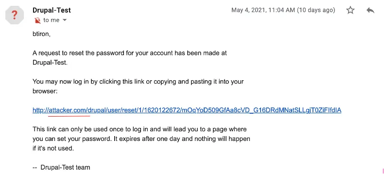 Password reset poisoning - receiving email with attacker's link