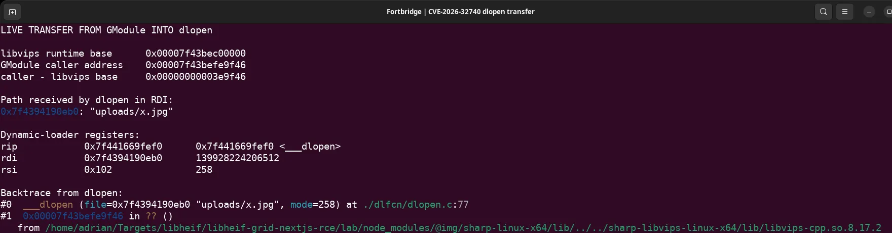 GDB stopped inside dlopen with uploads/x.jpg in RDI and a backtrace into the libvips GModule loader