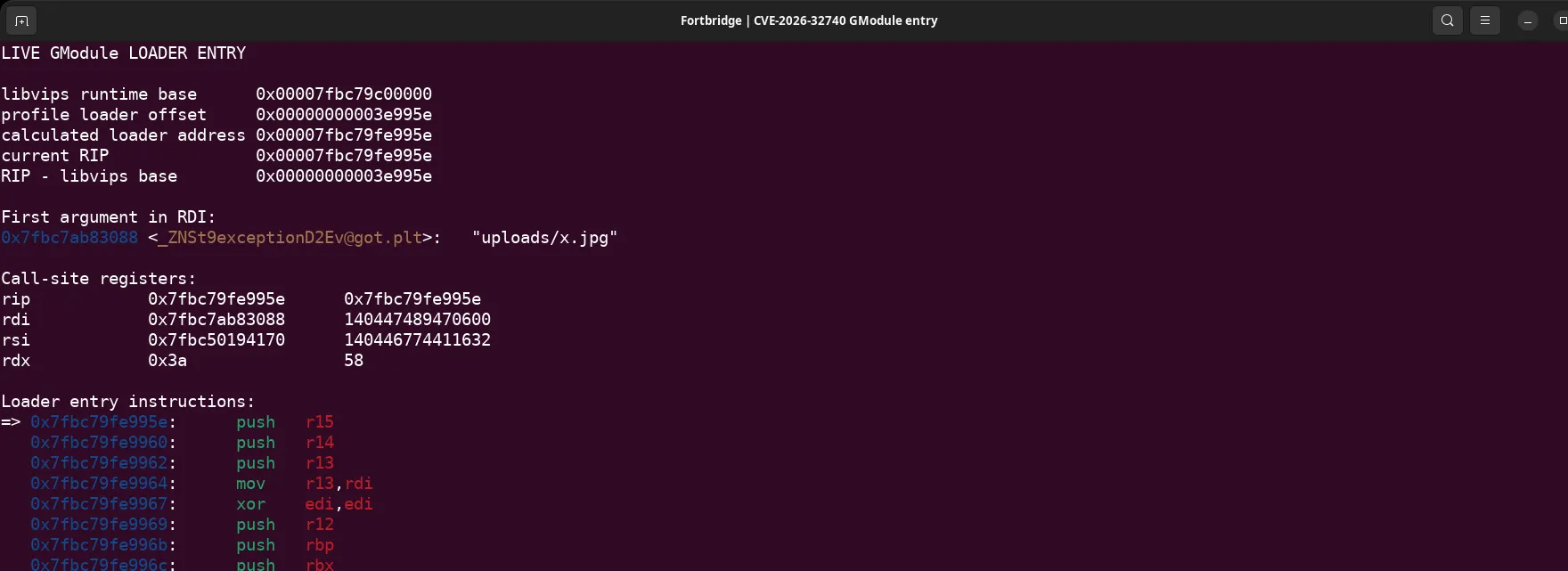 GDB stopped at the runtime GModule loader with the libvips base, relative offset, instruction pointer, and uploads/x.jpg path visible